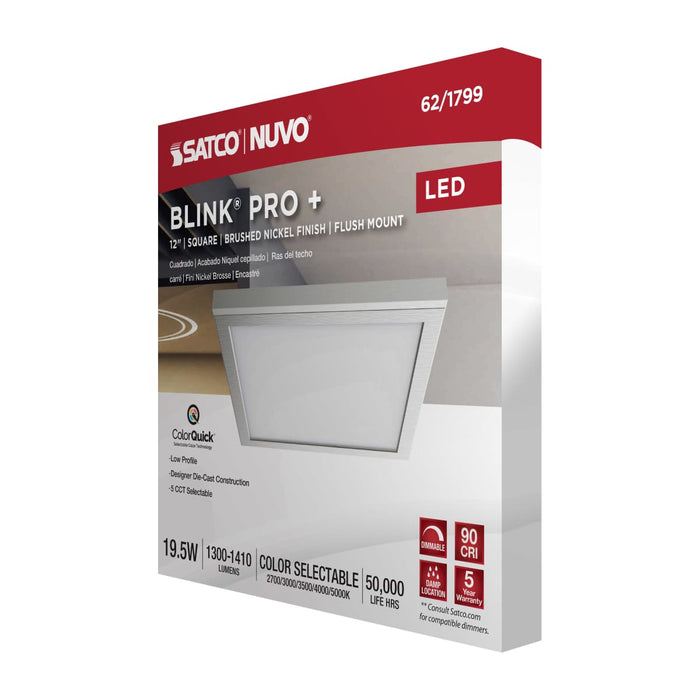 Surface Mount Nuvo 62-1799 Blink Pro Plus - 19.5 Watt - 12 Inch - CCT Selectable - Brushed Nickel Finish - 120/277 Volt - Square Nuvo