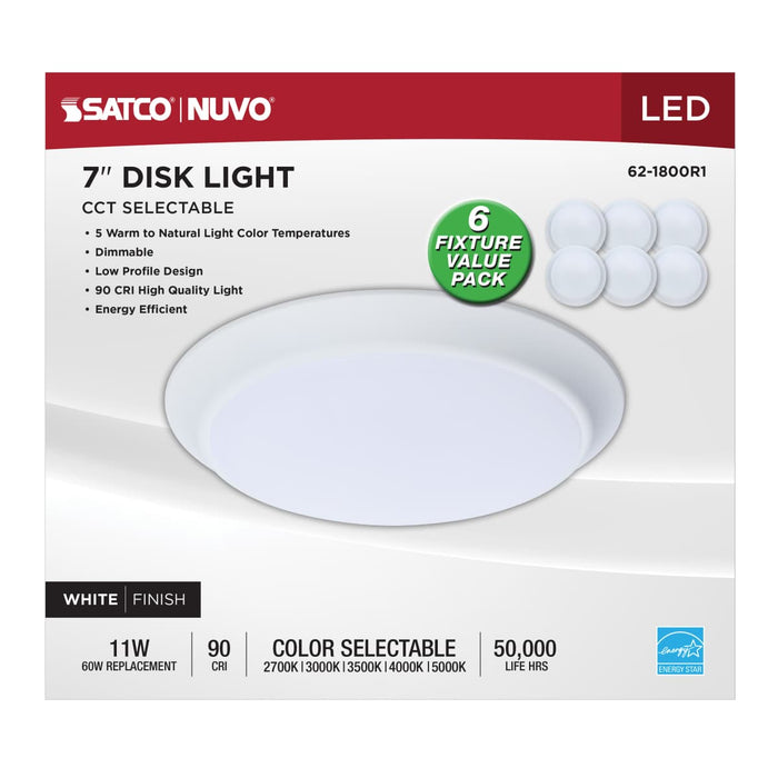 Disk Light Nuvo 62-1800R1 7 Inch LED Disk Light - 27K/3K/35K/4K/5K CCT Selectable - White Finish - 6 Unit Contractor Pack Nuvo