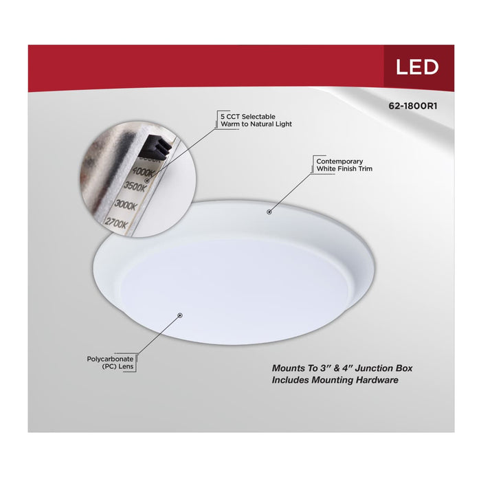 Disk Light Nuvo 62-1800R1 7 Inch LED Disk Light - 27K/3K/35K/4K/5K CCT Selectable - White Finish - 6 Unit Contractor Pack Nuvo