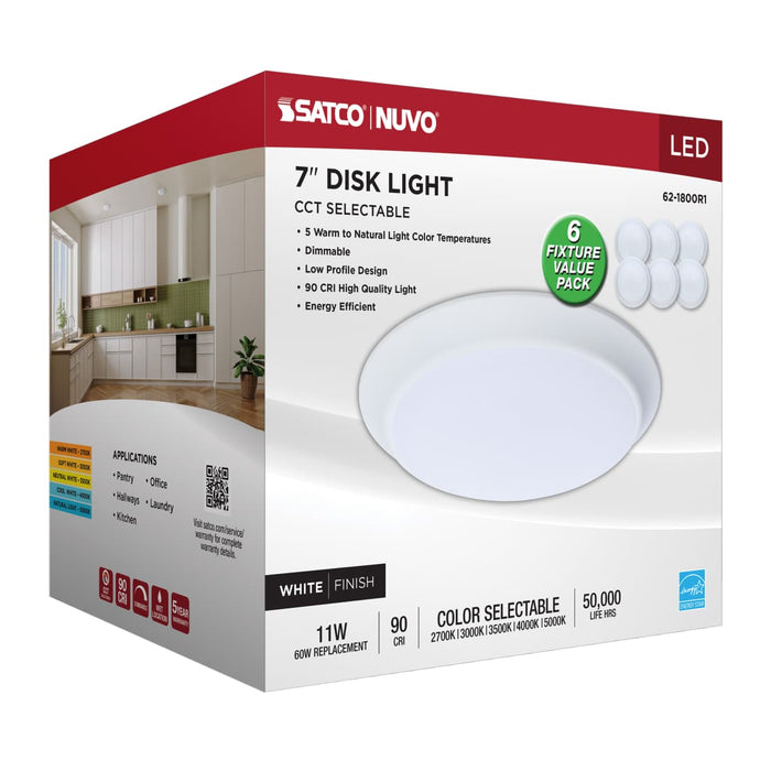 Disk Light Nuvo 62-1800R1 7 Inch LED Disk Light - 27K/3K/35K/4K/5K CCT Selectable - White Finish - 6 Unit Contractor Pack Nuvo