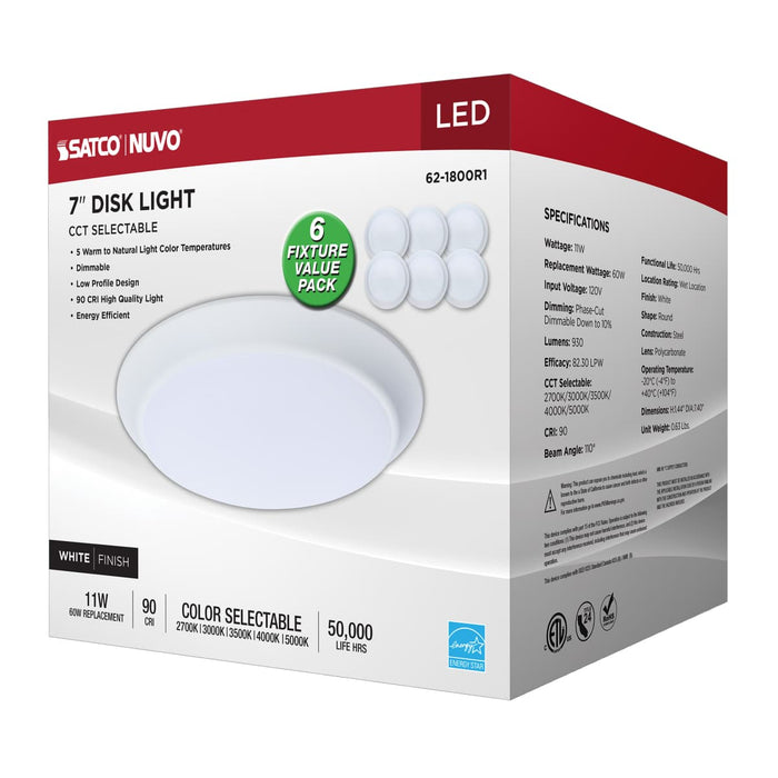 Disk Light Nuvo 62-1800R1 7 Inch LED Disk Light - 27K/3K/35K/4K/5K CCT Selectable - White Finish - 6 Unit Contractor Pack Nuvo