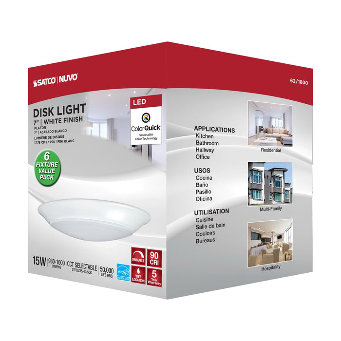 Disk Light Nuvo 62-1800 7 inch - LED Disk Light - 6 Unit Contractor Pack - 5-CCT Selectable 27K/3K/35K/4K/5K - White Finish Nuvo