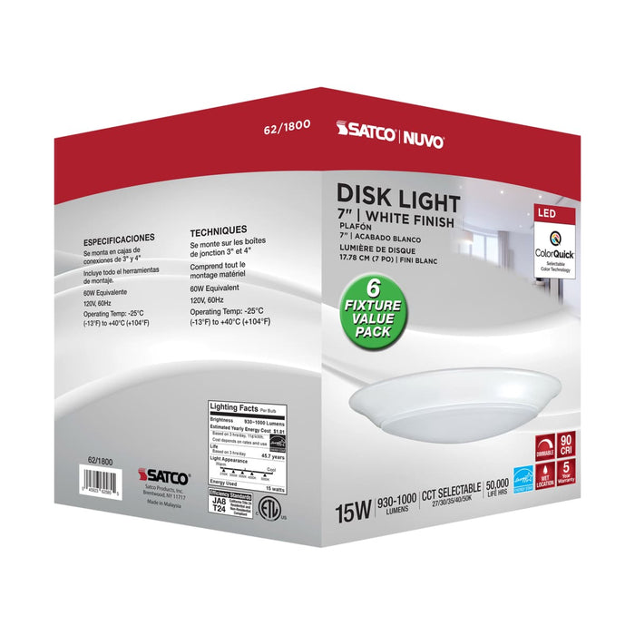 Disk Light Nuvo 62-1800 7 inch - LED Disk Light - 6 Unit Contractor Pack - 5-CCT Selectable 27K/3K/35K/4K/5K - White Finish Nuvo