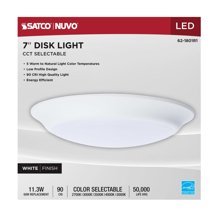 Disk Light Nuvo 62-1801R1 7 Inch LED Disk Light - 27K/3K/35K/4K/5K CCT Selectable - White Finish Nuvo
