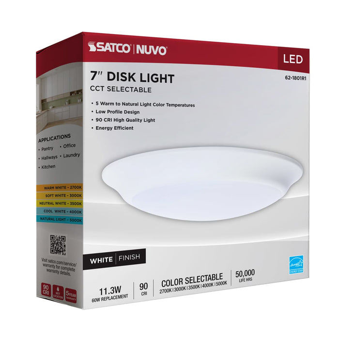 Disk Light Nuvo 62-1801R1 7 Inch LED Disk Light - 27K/3K/35K/4K/5K CCT Selectable - White Finish Nuvo