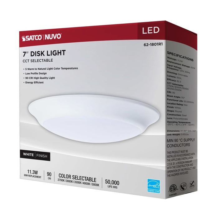 Disk Light Nuvo 62-1801R1 7 Inch LED Disk Light - 27K/3K/35K/4K/5K CCT Selectable - White Finish Nuvo