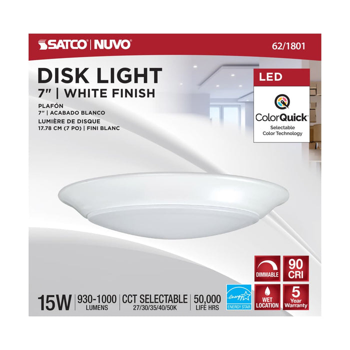 Disk Light Nuvo 62-1801 7 inch - LED Disk Light - 5-CCT Selectable 27K/3K/35K/4K/5K - White Finish Nuvo