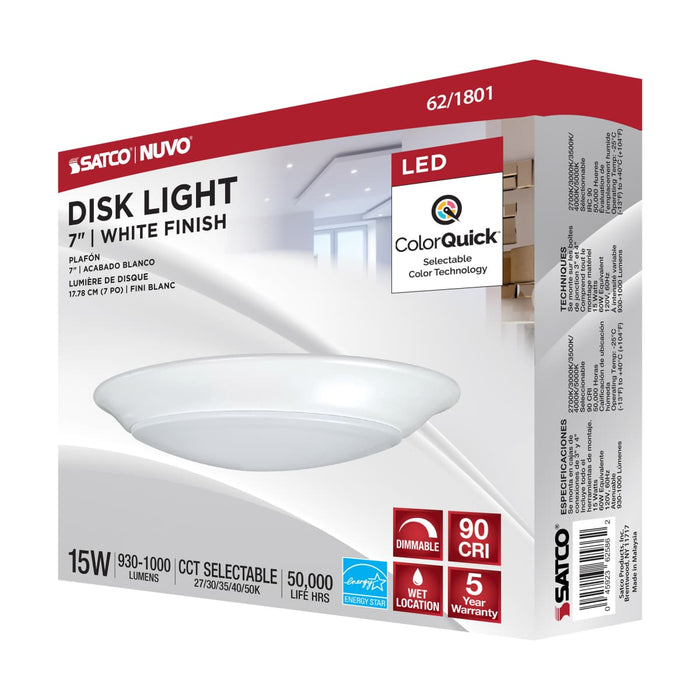 Disk Light Nuvo 62-1801 7 inch - LED Disk Light - 5-CCT Selectable 27K/3K/35K/4K/5K - White Finish Nuvo