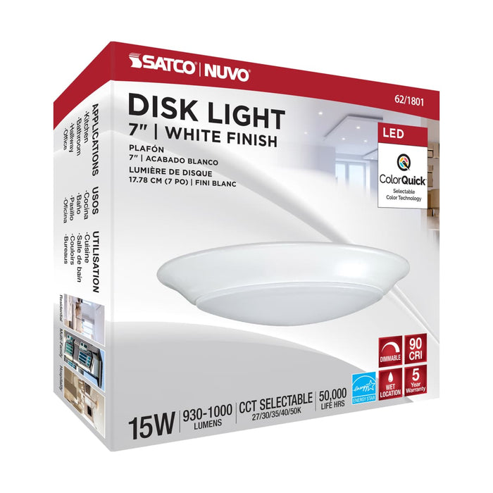 Disk Light Nuvo 62-1801 7 inch - LED Disk Light - 5-CCT Selectable 27K/3K/35K/4K/5K - White Finish Nuvo