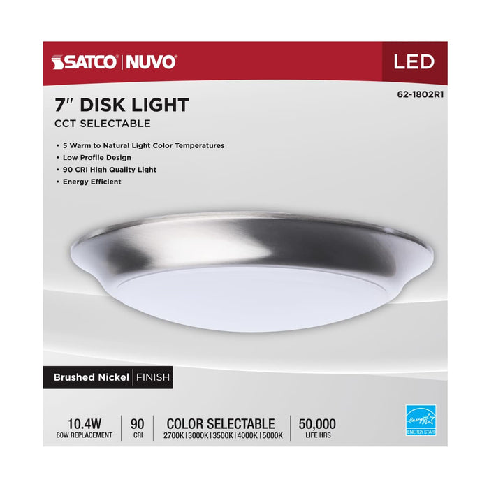 Disk Light Nuvo 62-1802R1 7 Inch LED Disk Light - 27K/3K/35K/4K/5K CCT Selectable - Brushed Nickel Finish Nuvo