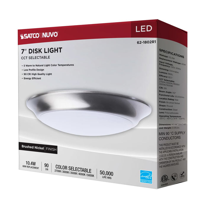 Disk Light Nuvo 62-1802R1 7 Inch LED Disk Light - 27K/3K/35K/4K/5K CCT Selectable - Brushed Nickel Finish Nuvo
