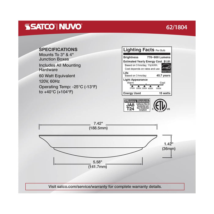 Disk Light Nuvo 62-1804 7 inch - LED Disk Light - 5-CCT Selectable 27K/3K/35K/4K/5K - Black Finish Nuvo