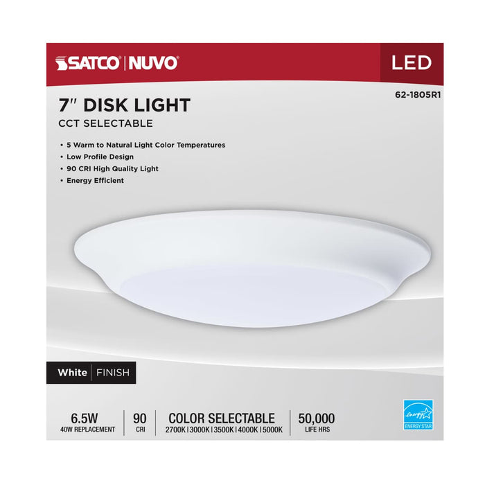 Disk Light Nuvo 62-1805R1 6.5 Watt - 7 Inch LED Disk Light - 27K/3K/35K/4K/5K CCT Selectable - White Finish Nuvo