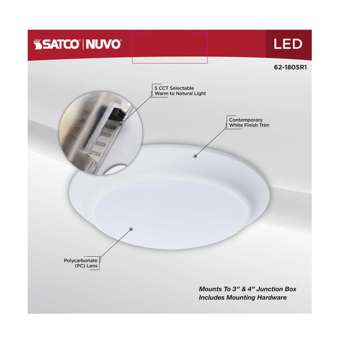 Disk Light Nuvo 62-1805R1 6.5 Watt - 7 Inch LED Disk Light - 27K/3K/35K/4K/5K CCT Selectable - White Finish Nuvo