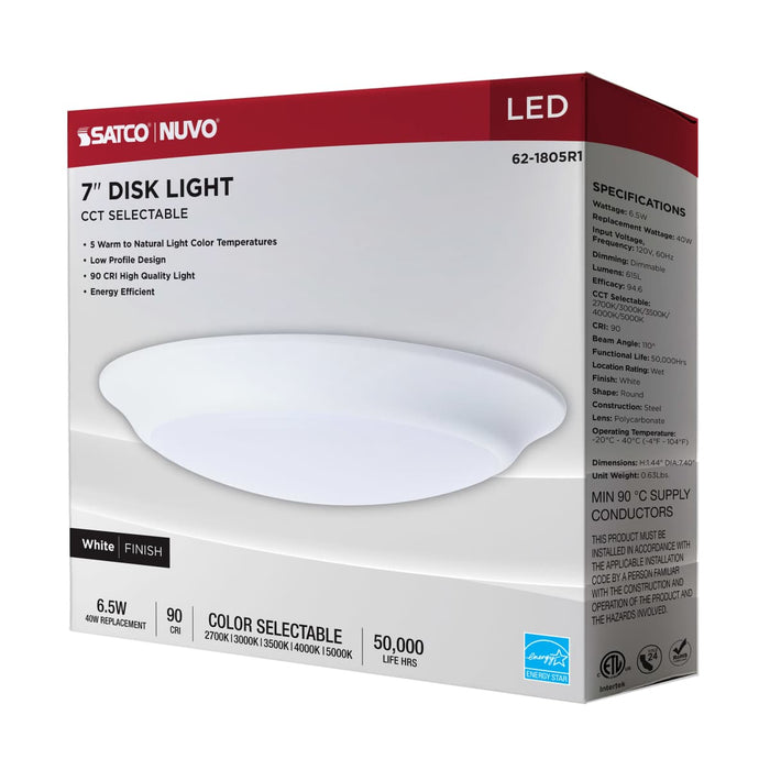 Disk Light Nuvo 62-1805R1 6.5 Watt - 7 Inch LED Disk Light - 27K/3K/35K/4K/5K CCT Selectable - White Finish Nuvo