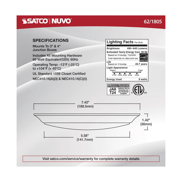 Disk Light Nuvo 62-1805 8 Watt - 7 Inch LED Disk Light - White Finish - CCT Selectable Nuvo