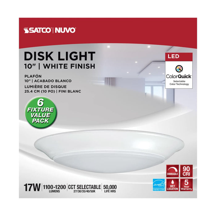 Disk Light Nuvo 62-1810 10 inch - LED Disk Light - 6 Unit Contractor Pack - 5-CCT Selectable 27K/3K/35K/4K/5K - White Finish Nuvo