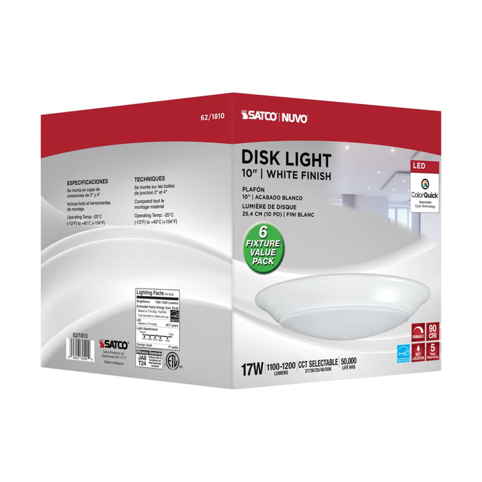 Disk Light Nuvo 62-1810 10 inch - LED Disk Light - 6 Unit Contractor Pack - 5-CCT Selectable 27K/3K/35K/4K/5K - White Finish Nuvo