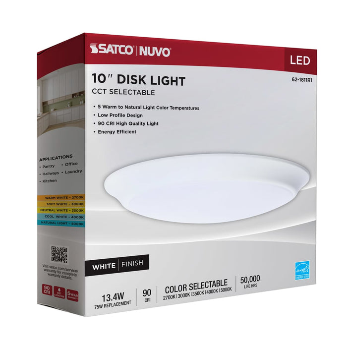 Disk Light Nuvo 62-1811R1 10 Inch LED Disk Light - 27K/3K/35K/4K/5K CCT Selectable - White Finish Nuvo