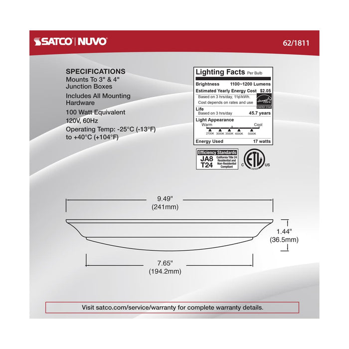 Disk Light Nuvo 62-1811 10 inch - LED Disk Light - 5-CCT Selectable 27K/3K/35K/4K/5K - White Finish Nuvo