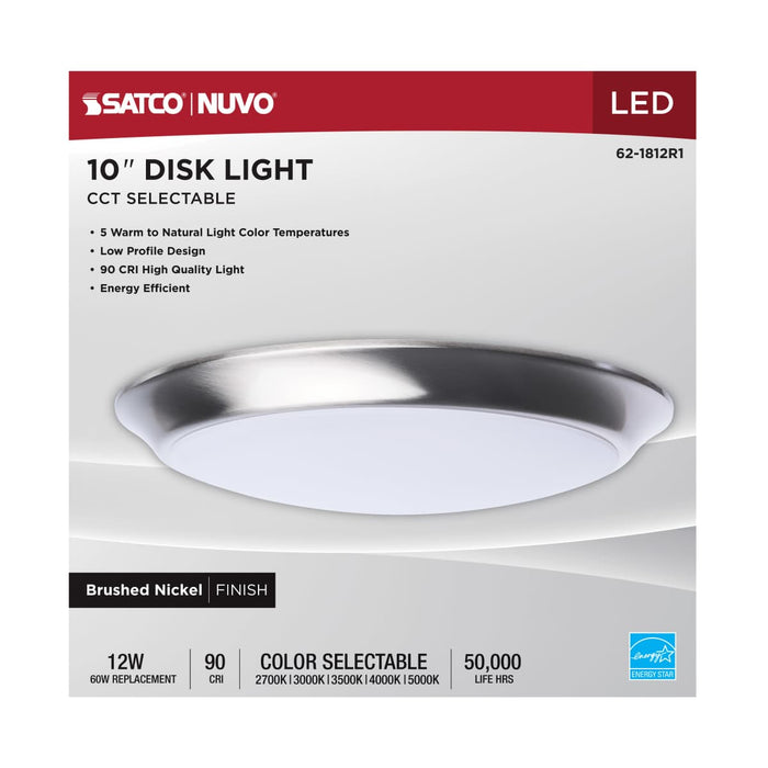 Disk Light Nuvo 62-1812R1 10 Inch LED Disk Light - 27K/3K/35K/4K/5K CCT Selectable - Brushed Nickel Finish Nuvo