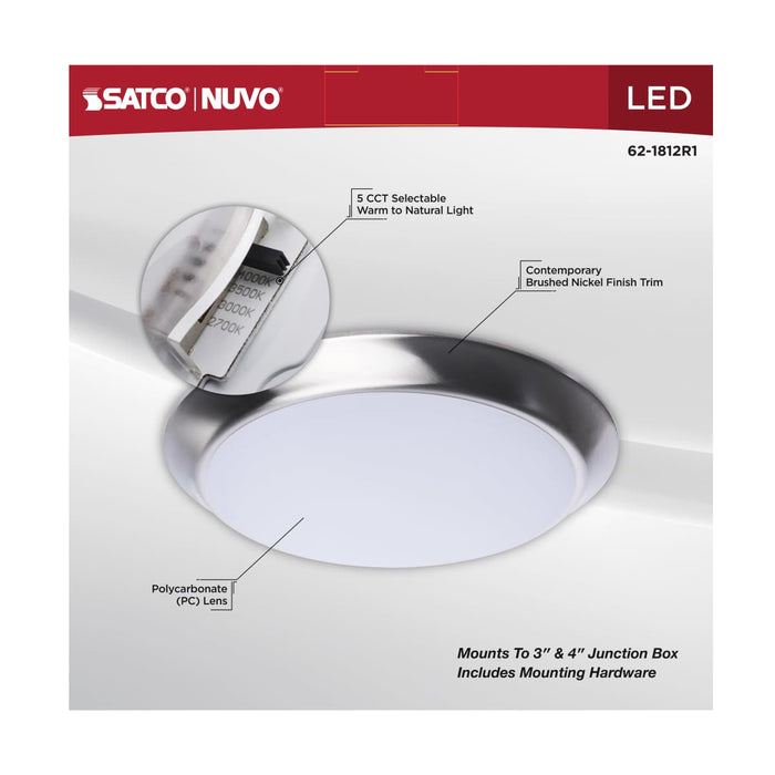 Disk Light Nuvo 62-1812R1 10 Inch LED Disk Light - 27K/3K/35K/4K/5K CCT Selectable - Brushed Nickel Finish Nuvo