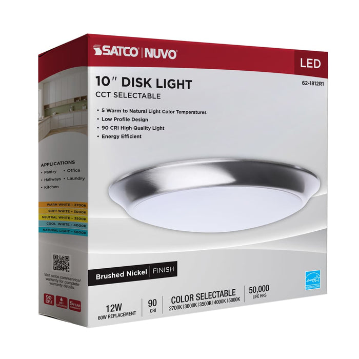 Disk Light Nuvo 62-1812R1 10 Inch LED Disk Light - 27K/3K/35K/4K/5K CCT Selectable - Brushed Nickel Finish Nuvo
