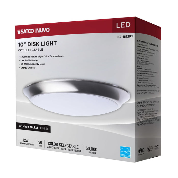 Disk Light Nuvo 62-1812R1 10 Inch LED Disk Light - 27K/3K/35K/4K/5K CCT Selectable - Brushed Nickel Finish Nuvo
