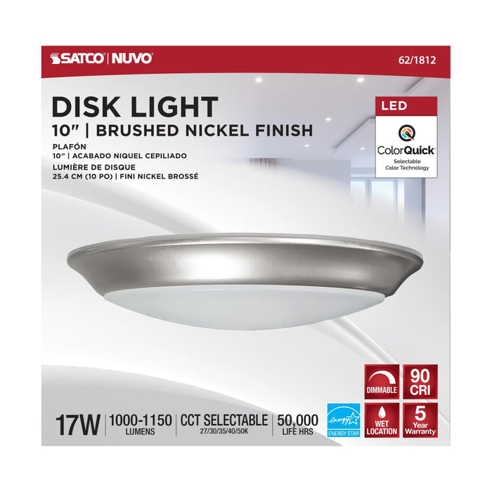 Disk Light Nuvo 62-1812 10 inch - LED Disk Light - 5-CCT Selectable 27K/3K/35K/4K/5K - Brushed Nickel Finish Nuvo