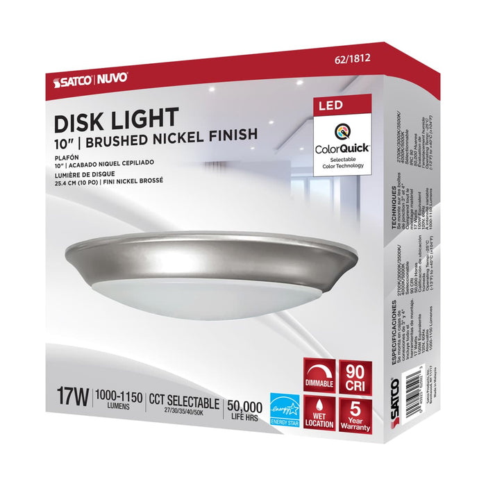 Disk Light Nuvo 62-1812 10 inch - LED Disk Light - 5-CCT Selectable 27K/3K/35K/4K/5K - Brushed Nickel Finish Nuvo