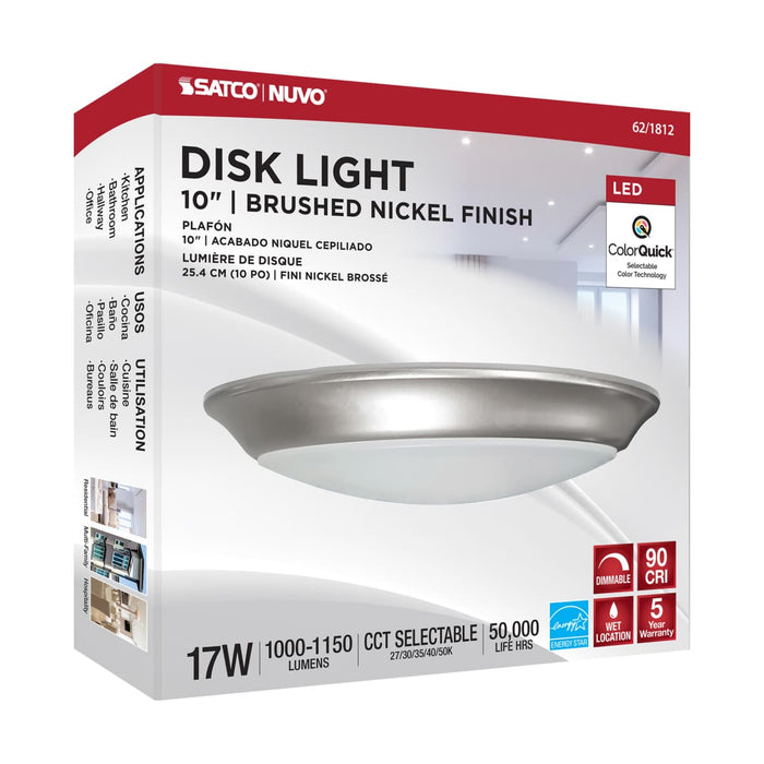 Disk Light Nuvo 62-1812 10 inch - LED Disk Light - 5-CCT Selectable 27K/3K/35K/4K/5K - Brushed Nickel Finish Nuvo