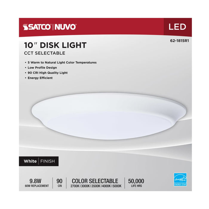 Disk Light Nuvo 62-1815R1 9.8 Watt - 10 Inch LED Disk Light - 27K/3K/35K/4K/5K CCT Selectable - White Finish Nuvo