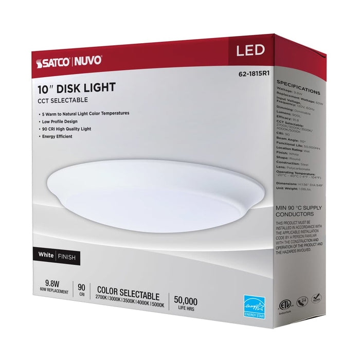 Disk Light Nuvo 62-1815R1 9.8 Watt - 10 Inch LED Disk Light - 27K/3K/35K/4K/5K CCT Selectable - White Finish Nuvo