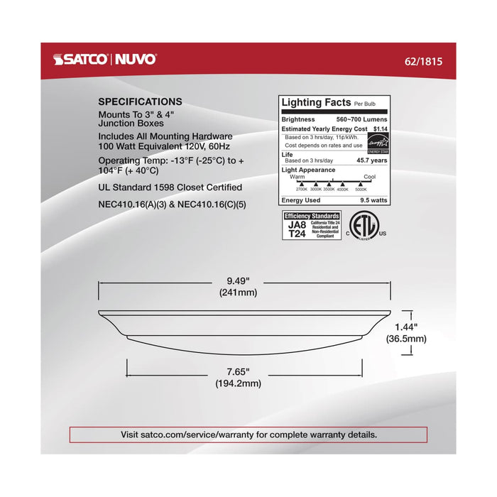 Disk Light Nuvo 62-1815 9.5 Watt - 10 Inch LED Disk Light - White Finish - CCT Selectable Nuvo