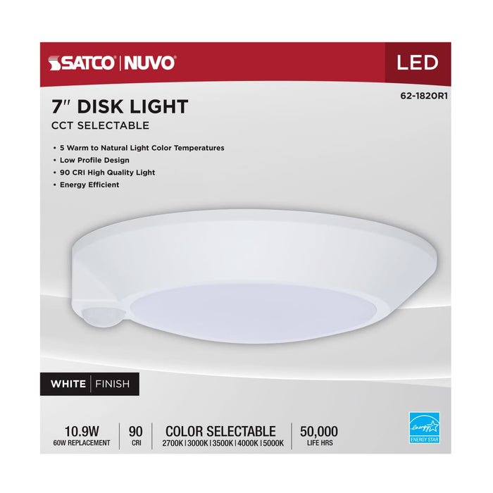 Disk Light Nuvo 62-1820R1 7 Inch LED Disk Light - 27K/3K/35K/4K/5K CCT Selectable - Occupancy Sensor - White Finish Nuvo