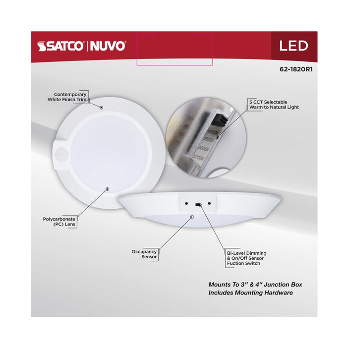 Disk Light Nuvo 62-1820R1 7 Inch LED Disk Light - 27K/3K/35K/4K/5K CCT Selectable - Occupancy Sensor - White Finish Nuvo