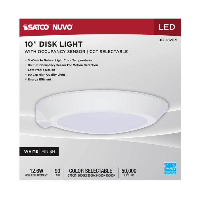 Disk Light Nuvo 62-1821R1 10 Inch LED Disk Light - 27K/3K/35K/4K/5K CCT Selectable - Occupancy Sensor - White Finish Nuvo