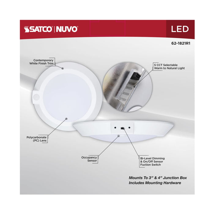 Disk Light Nuvo 62-1821R1 10 Inch LED Disk Light - 27K/3K/35K/4K/5K CCT Selectable - Occupancy Sensor - White Finish Nuvo