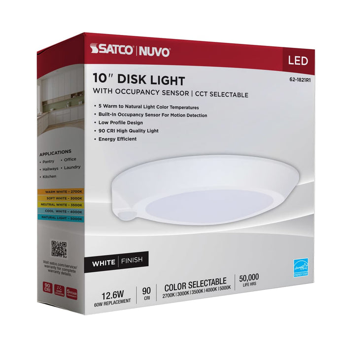 Disk Light Nuvo 62-1821R1 10 Inch LED Disk Light - 27K/3K/35K/4K/5K CCT Selectable - Occupancy Sensor - White Finish Nuvo