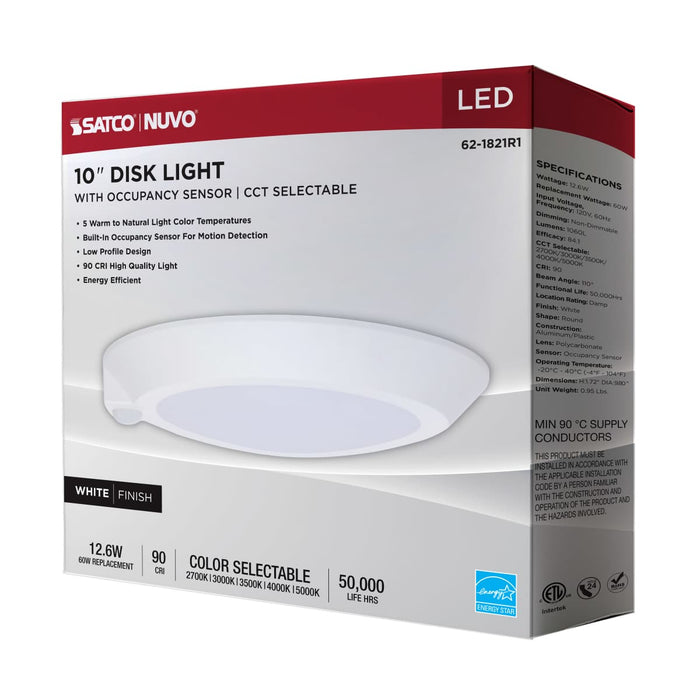 Disk Light Nuvo 62-1821R1 10 Inch LED Disk Light - 27K/3K/35K/4K/5K CCT Selectable - Occupancy Sensor - White Finish Nuvo