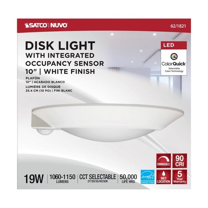 Disk Light Nuvo 62-1821 10 Inch - LED Disk Light - Fixture with Occupancy Sensor - White Finish - CCT Selectable Nuvo