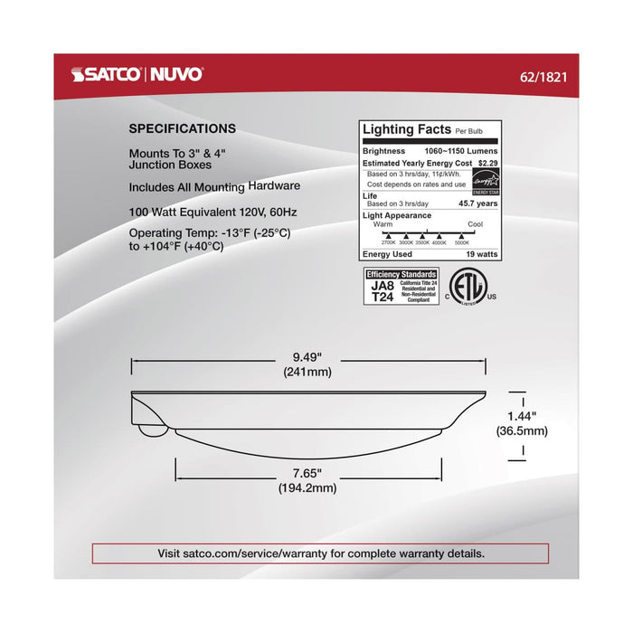 Disk Light Nuvo 62-1821 10 Inch - LED Disk Light - Fixture with Occupancy Sensor - White Finish - CCT Selectable Nuvo