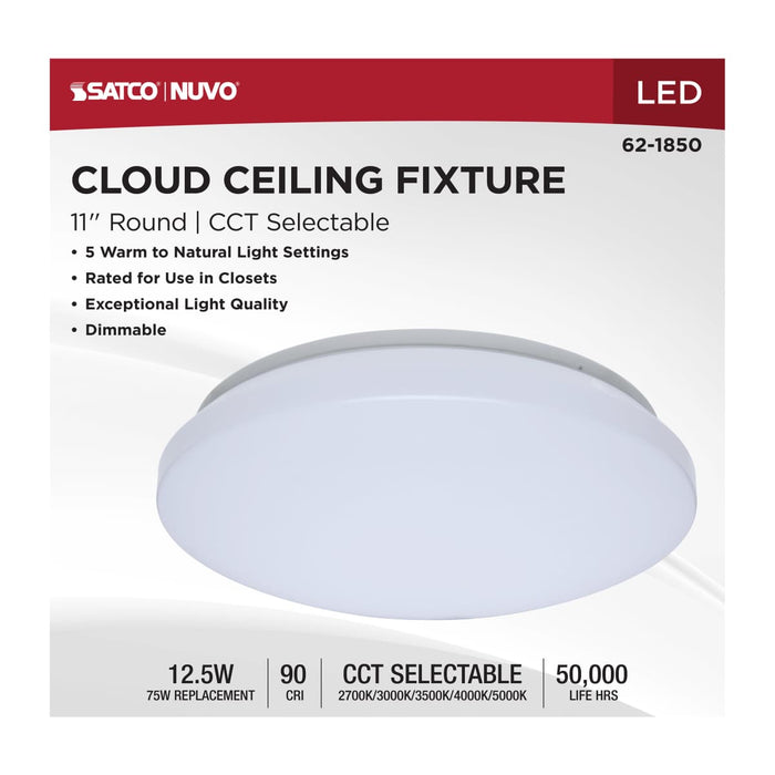 Flush Mount Nuvo 62-1850 11 Inch LED Cloud Fixture - 12.5 Watts - 27K/30K/35K/40K/50K CCT Selectable - Round Shape - White Finish - 120 Volt Nuvo