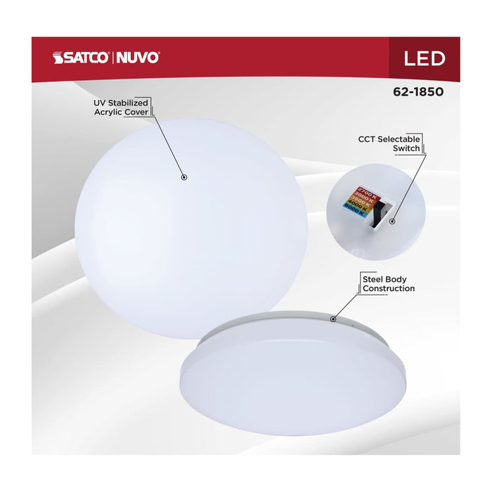Flush Mount Nuvo 62-1850 11 Inch LED Cloud Fixture - 12.5 Watts - 27K/30K/35K/40K/50K CCT Selectable - Round Shape - White Finish - 120 Volt Nuvo