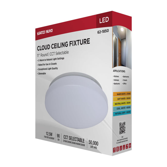 Flush Mount Nuvo 62-1850 11 Inch LED Cloud Fixture - 12.5 Watts - 27K/30K/35K/40K/50K CCT Selectable - Round Shape - White Finish - 120 Volt Nuvo