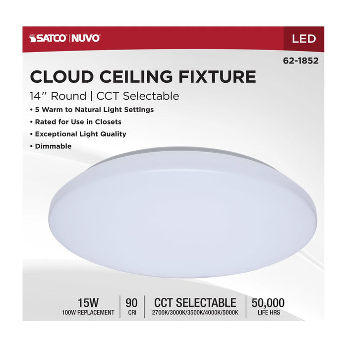 Flush Mount Nuvo 62-1852 14 Inch LED Cloud Fixture - 15 Watts - 27K/30K/35K/40K/50K CCT Selectable - Round Shape - White Finish - 120 Volt Nuvo