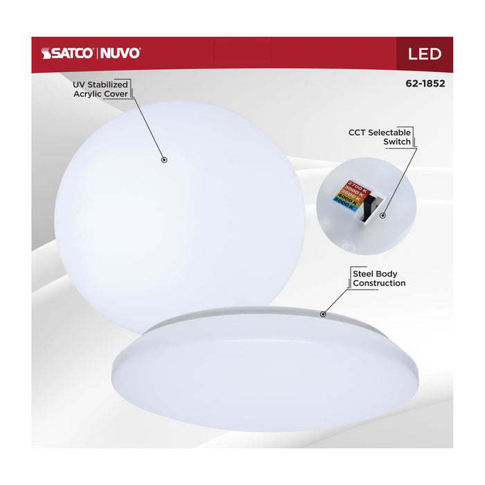 Flush Mount Nuvo 62-1852 14 Inch LED Cloud Fixture - 15 Watts - 27K/30K/35K/40K/50K CCT Selectable - Round Shape - White Finish - 120 Volt Nuvo