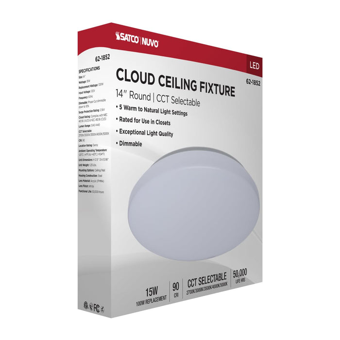 Flush Mount Nuvo 62-1852 14 Inch LED Cloud Fixture - 15 Watts - 27K/30K/35K/40K/50K CCT Selectable - Round Shape - White Finish - 120 Volt Nuvo