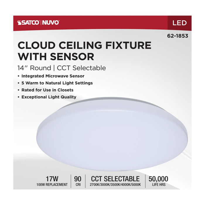 Flush Mount Nuvo 62-1853 14 Inch LED Cloud Fixture with Sensor - 17 Watts - 27K/30K/35K/40K/50K CCT Selectable - Round Shape - White Finish - 120 Volt Nuvo