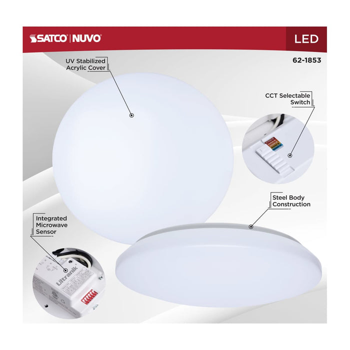 Flush Mount Nuvo 62-1853 14 Inch LED Cloud Fixture with Sensor - 17 Watts - 27K/30K/35K/40K/50K CCT Selectable - Round Shape - White Finish - 120 Volt Nuvo